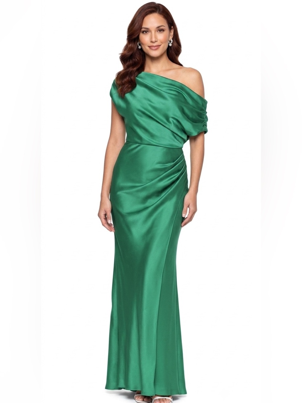 NWT Betsy & Adam Emerald Green Satin Gown Dress Pleated Slit Formal Wedding 12